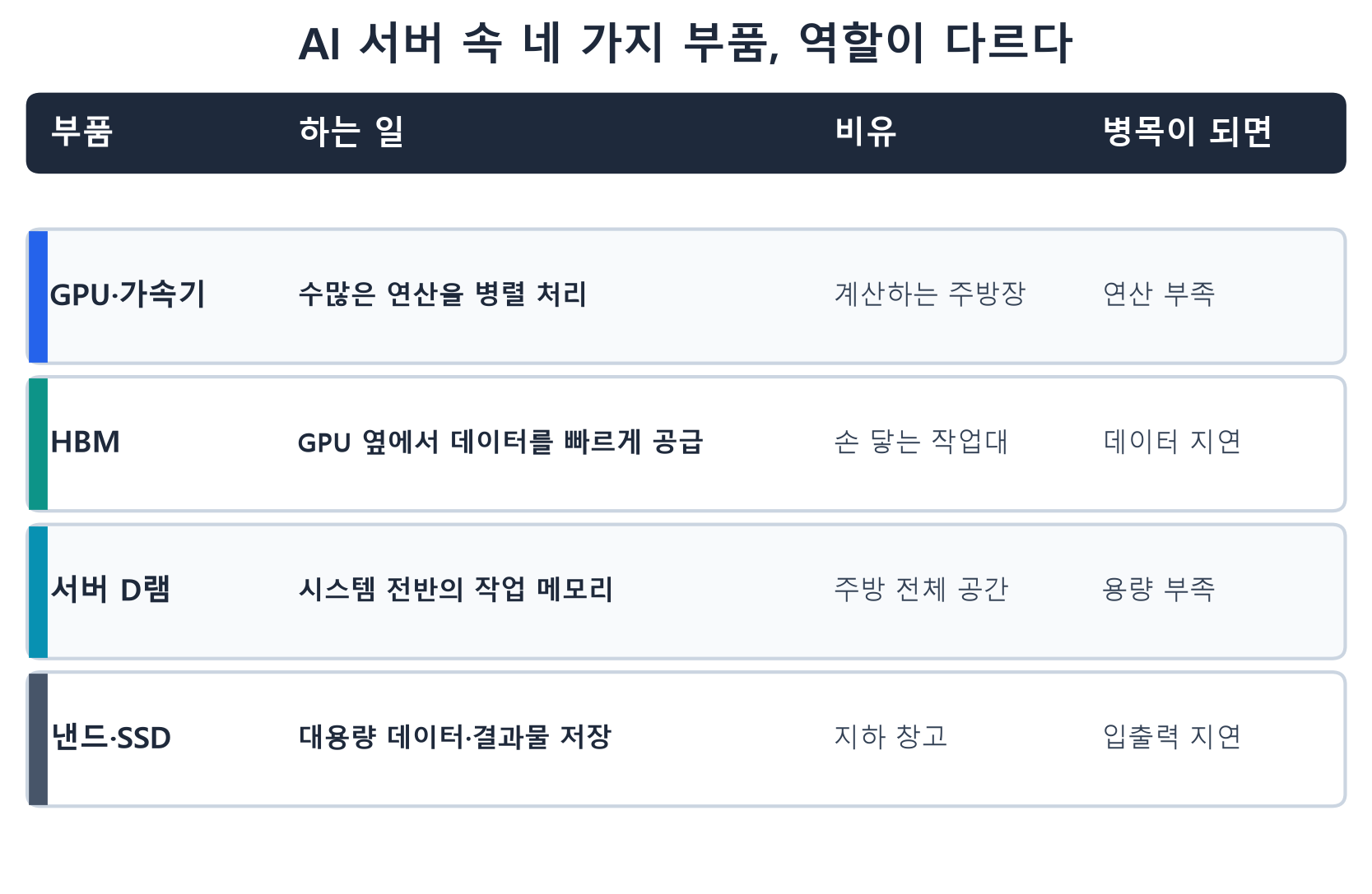 GPU, HBM, 서버 D램, 낸드·SSD의 역할과 병목 비교표